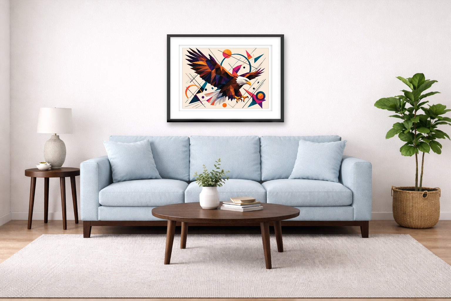 Eagle Painting with Geometric Background printed on fine art paper, framed on a black frame and matted and hung on a Living Room wall above a couch