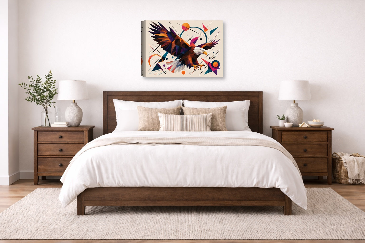Eagle Painting with Geometric Background printed on canvas wall art displayed on a wall above a bed.
