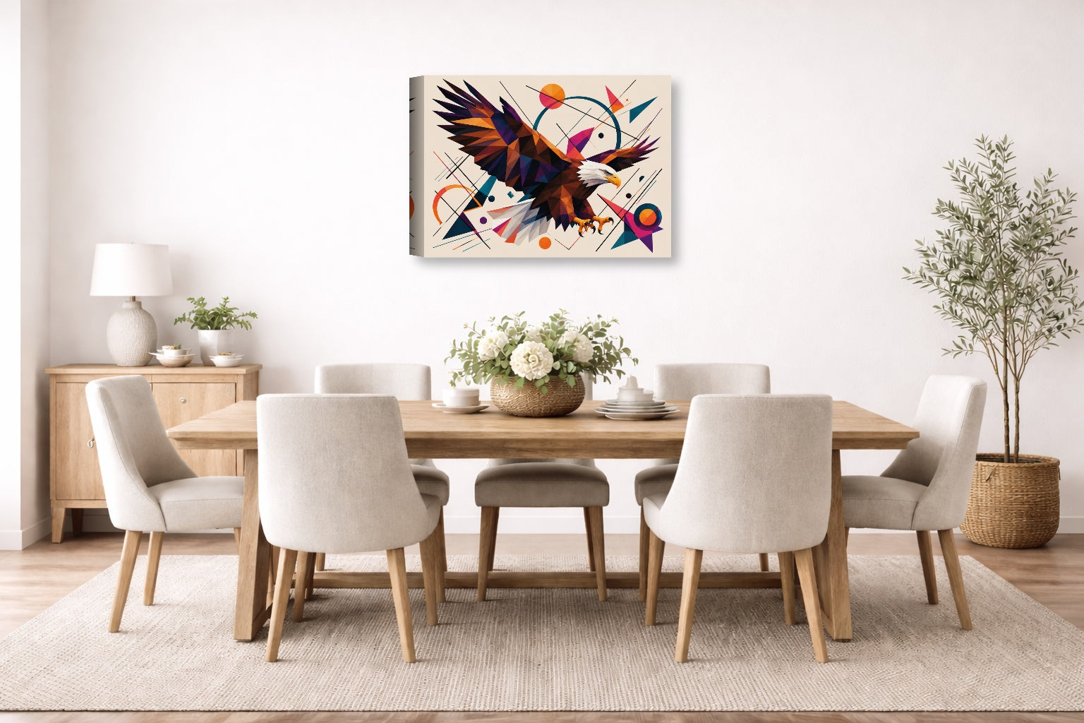 Eagle Painting with Geometric Background printed on canvas wall art displayed on a wall in the dinning room
