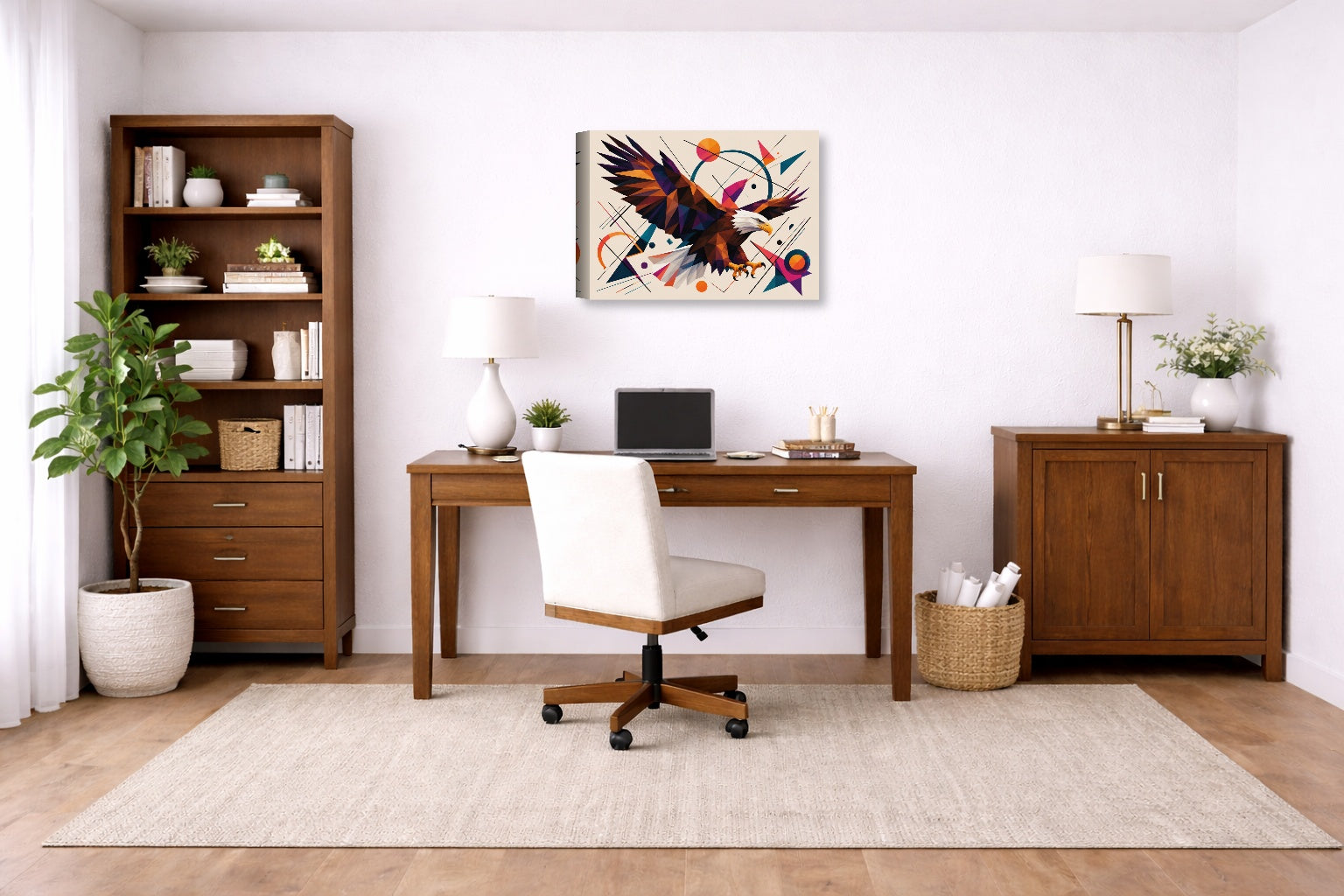 Eagle Painting with Geometric Background printed on canvas wall art displayed on a wall in a a home office.