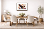 Eagle Painting with Geometric Background printed on fine art paper, framed on a espresso frame and matted. Hung on a dinning room wall
