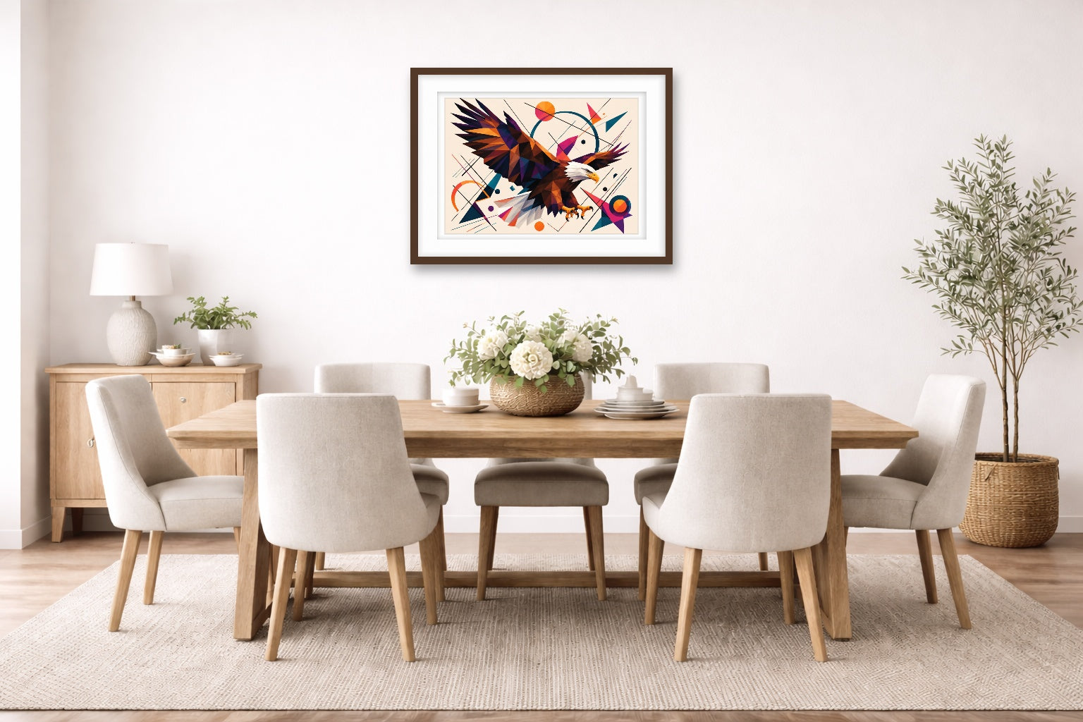 Eagle Painting with Geometric Background printed on fine art paper, framed on a espresso frame and matted. Hung on a dinning room wall