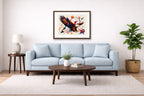 Eagle Painting with Geometric Background printed on fine art paper, framed on a espresso frame and matted. Hung on a living room wall