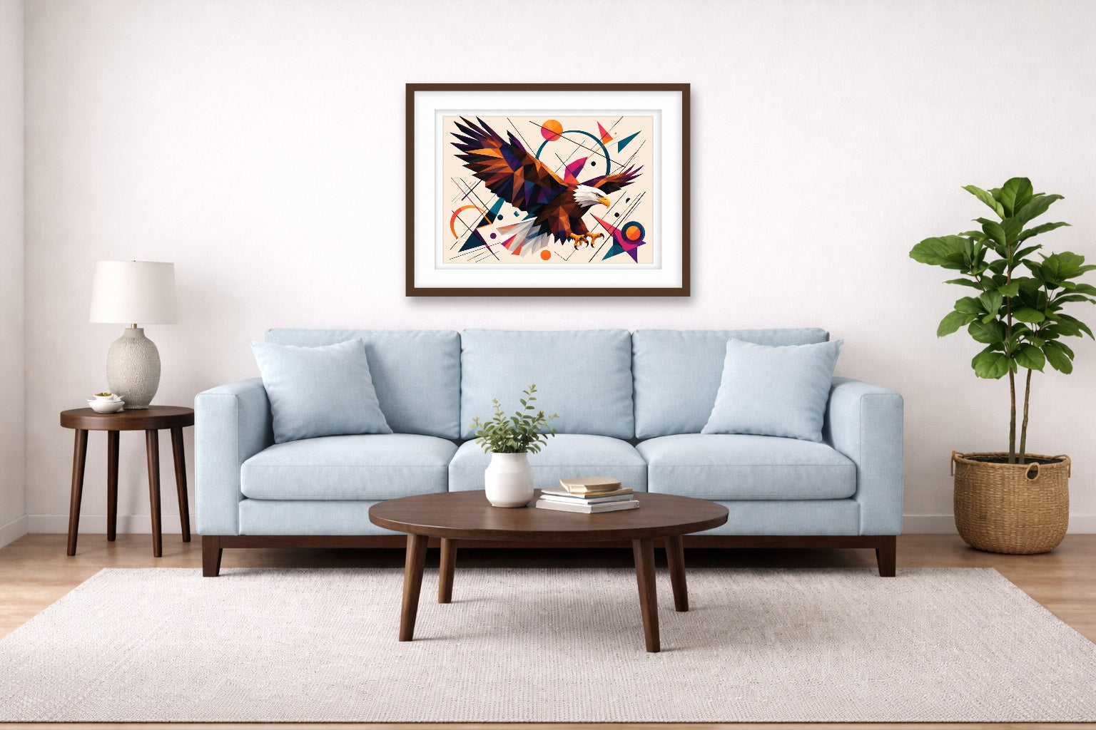 Eagle Painting with Geometric Background printed on fine art paper, framed on a espresso frame and matted. Hung on a living room wall
