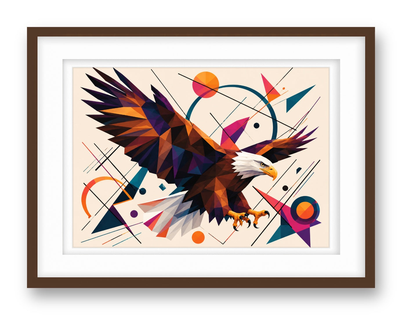 Eagle Painting with Geometric Background printed on fine art paper, framed on a espresso frame and matted.