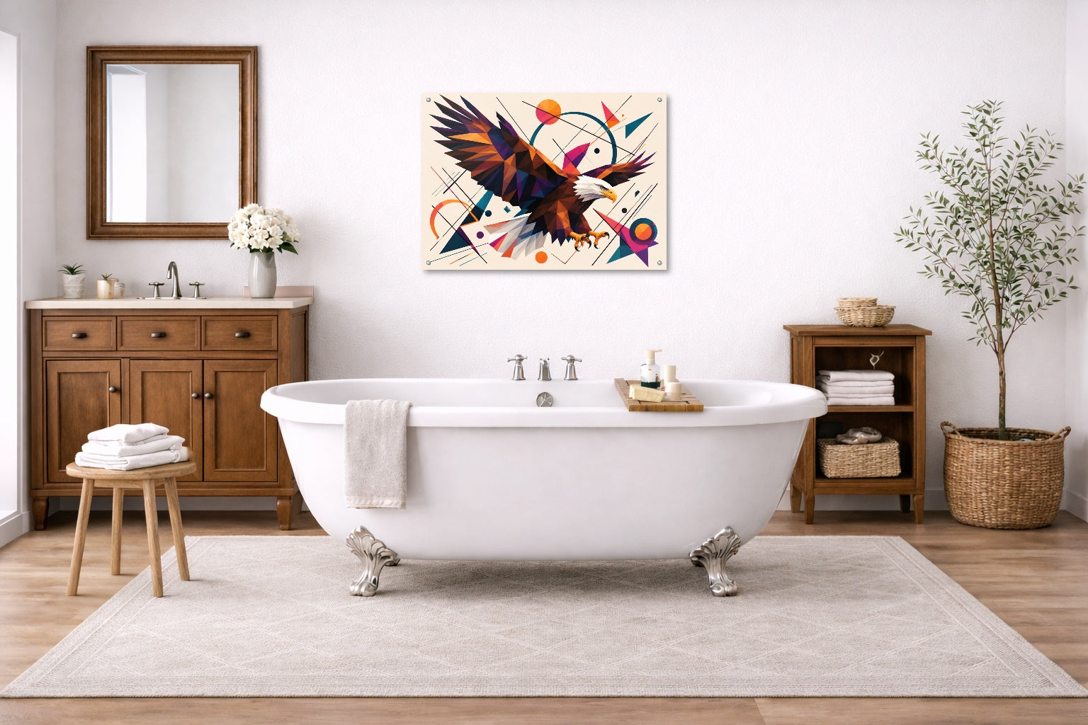 Eagle Painting with Geometric Background printed on aluminum metal with wall anchors. Hung on a bathroom wall.