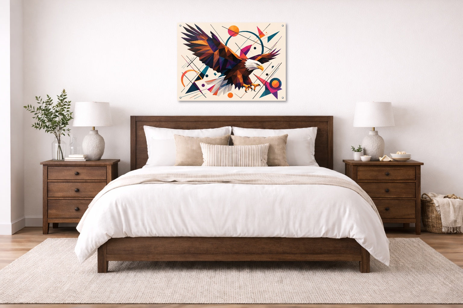 Eagle Painting with Geometric Background printed on aluminum metal with wall anchors. Hung on a bedroom wall.