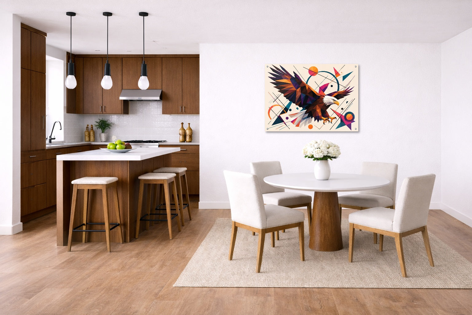 Eagle Painting with Geometric Background printed on aluminum metal with wall anchors. Hung on a kitchen-dinette wall.