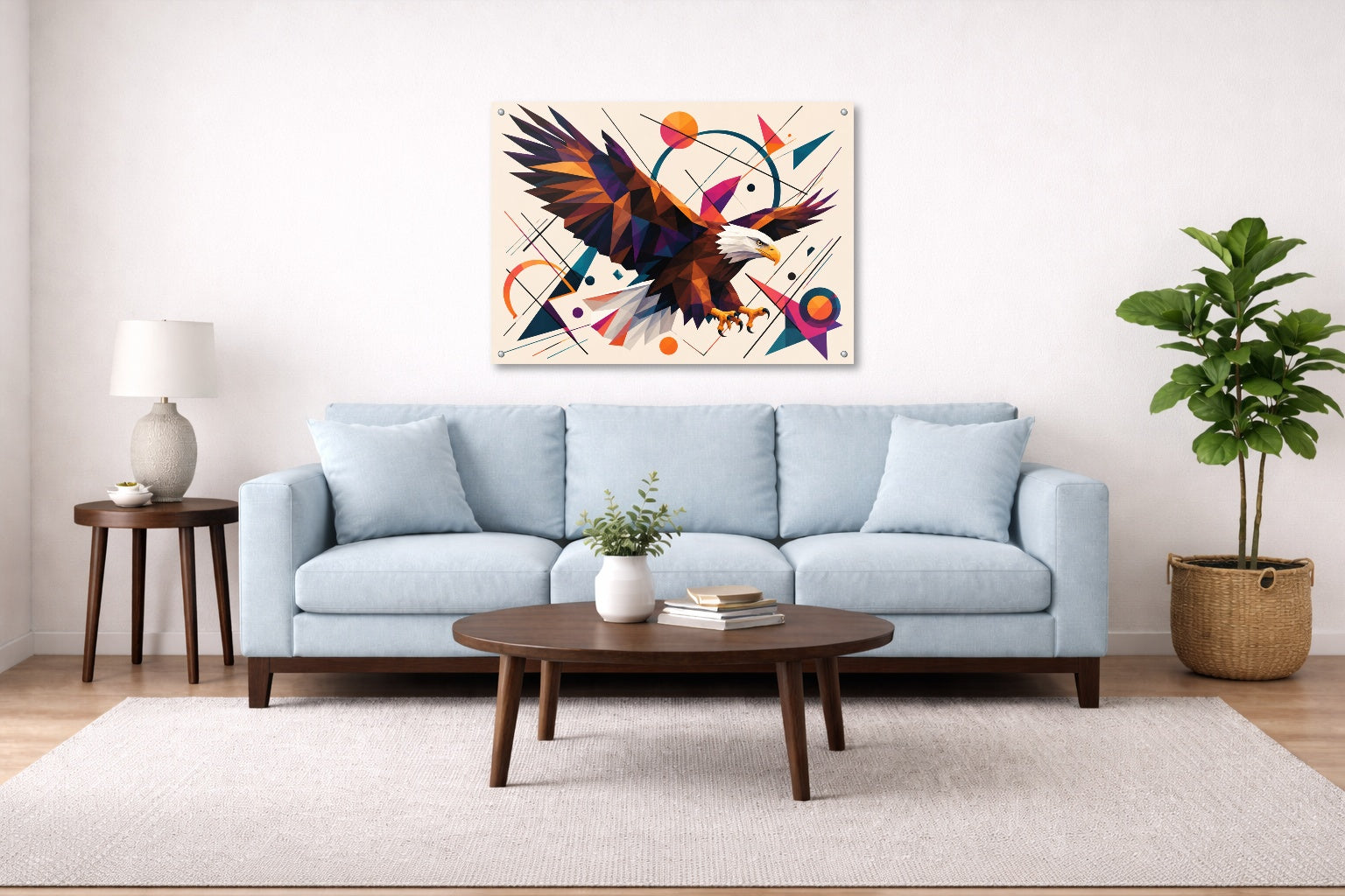 Eagle Painting with Geometric Background printed on aluminum metal with wall anchors. Hung on a living room wall.