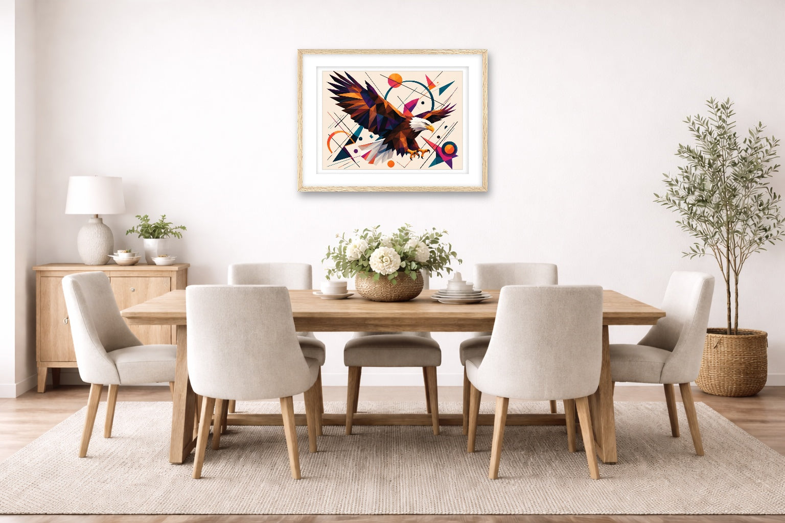 Eagle Painting with Geometric Background printed on fine art paper, framed on a oak frame and matted. Hung on a dining room wall.
