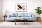 Eagle Painting with Geometric Background printed on fine art paper, framed on a oak frame and matted. Hung on a living room wall.