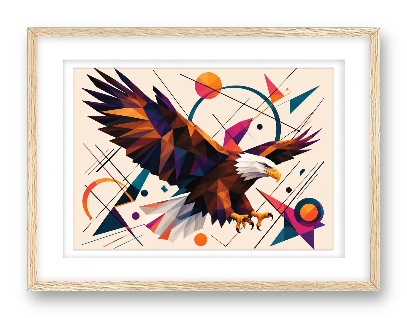 Eagle Painting with Geometric Background printed on fine art paper, framed on a oak frame and matted.