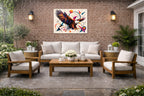 Eagle Painting with Geometric Background printed on water resistant canvas and mounted on a waterproof frame. Hung on a patio wall.