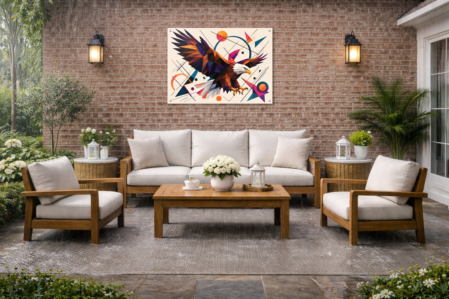 Eagle Painting with Geometric Background printed on water resistant canvas and mounted on a waterproof frame. Hung on a patio wall.