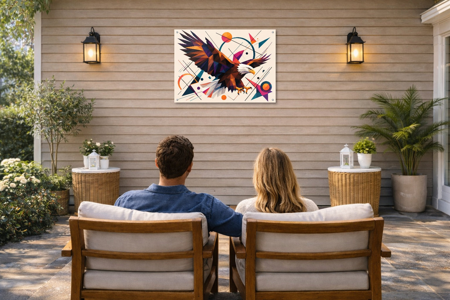 Eagle Painting with Geometric Background printed on water resistant canvas and mounted on a waterproof frame. Hung on a patio wall with couple.