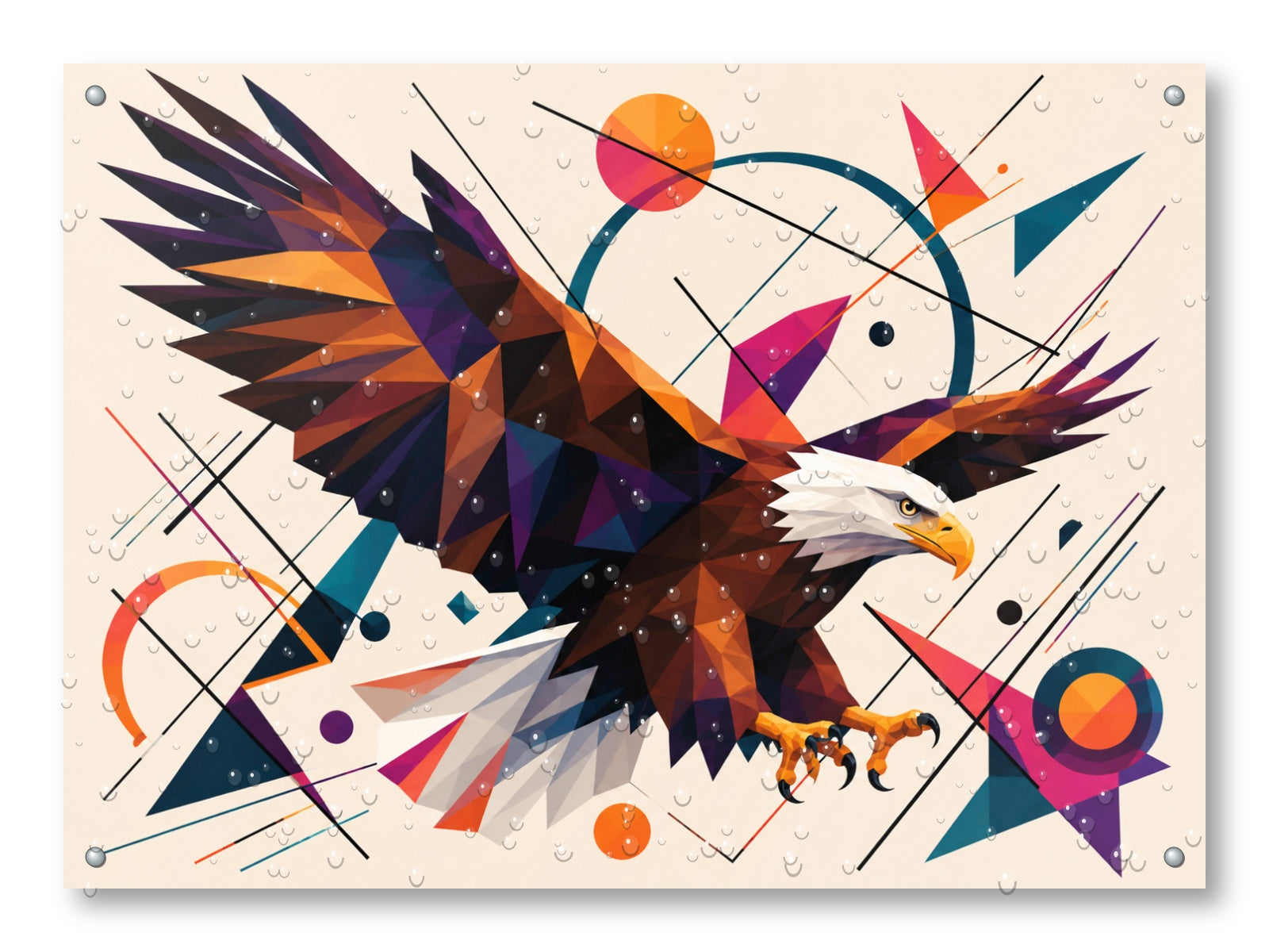 Eagle Painting with Geometric Background printed on water resistant canvas and mounted on a waterproof frame.