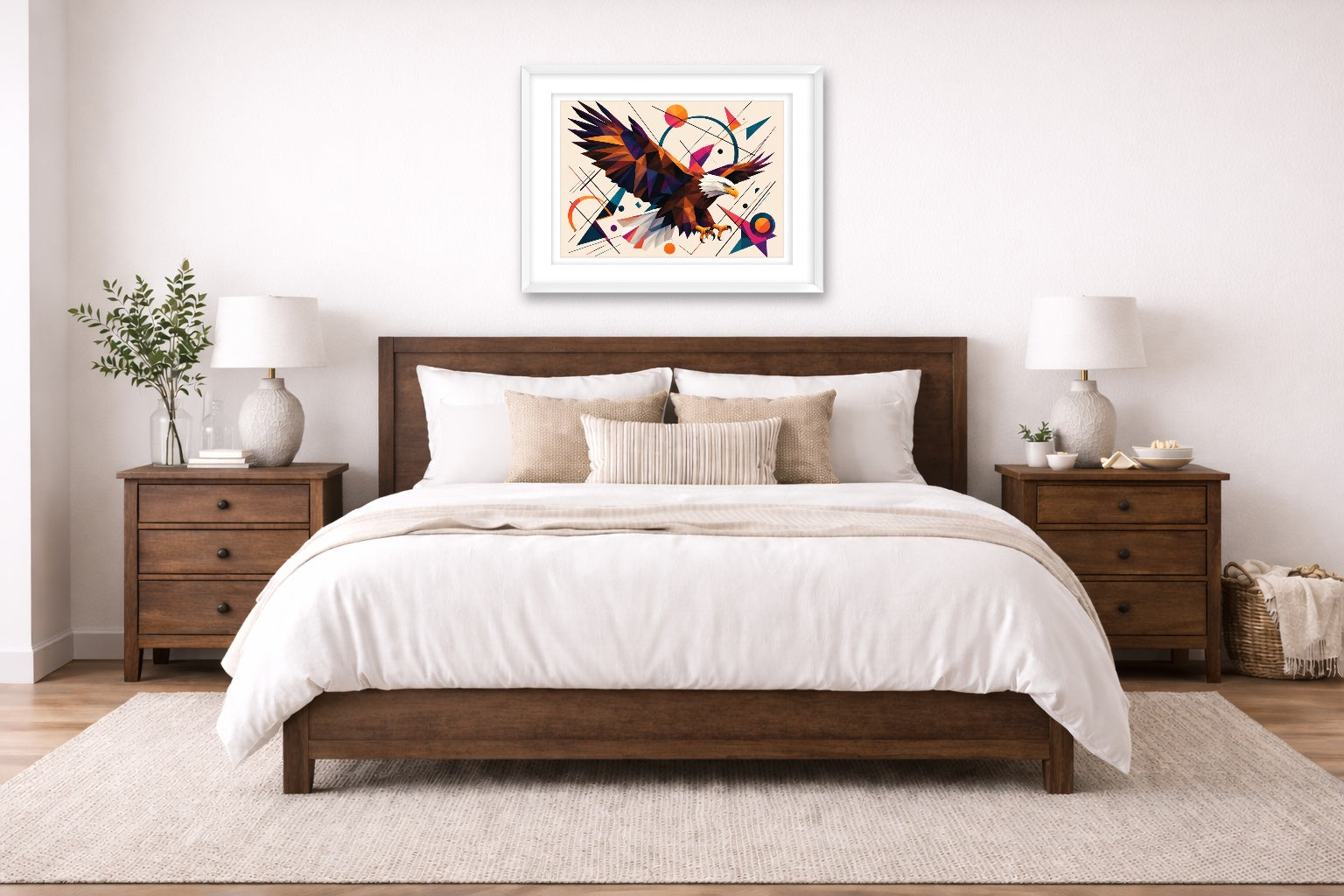 Eagle Painting with Geometric Background printed on fine art paper, framed on a white frame and matted. Hung on a bedroom room wall