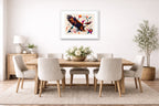 Eagle Painting with Geometric Background printed on fine art paper, framed on a white frame and matted. Hung on a dining room wall.