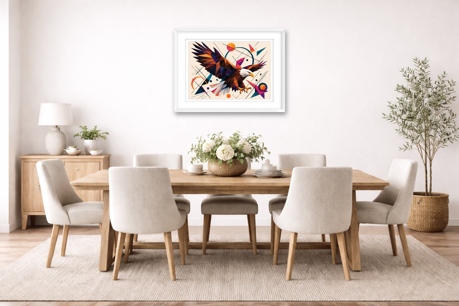 Eagle Painting with Geometric Background printed on fine art paper, framed on a white frame and matted. Hung on a dining room wall.