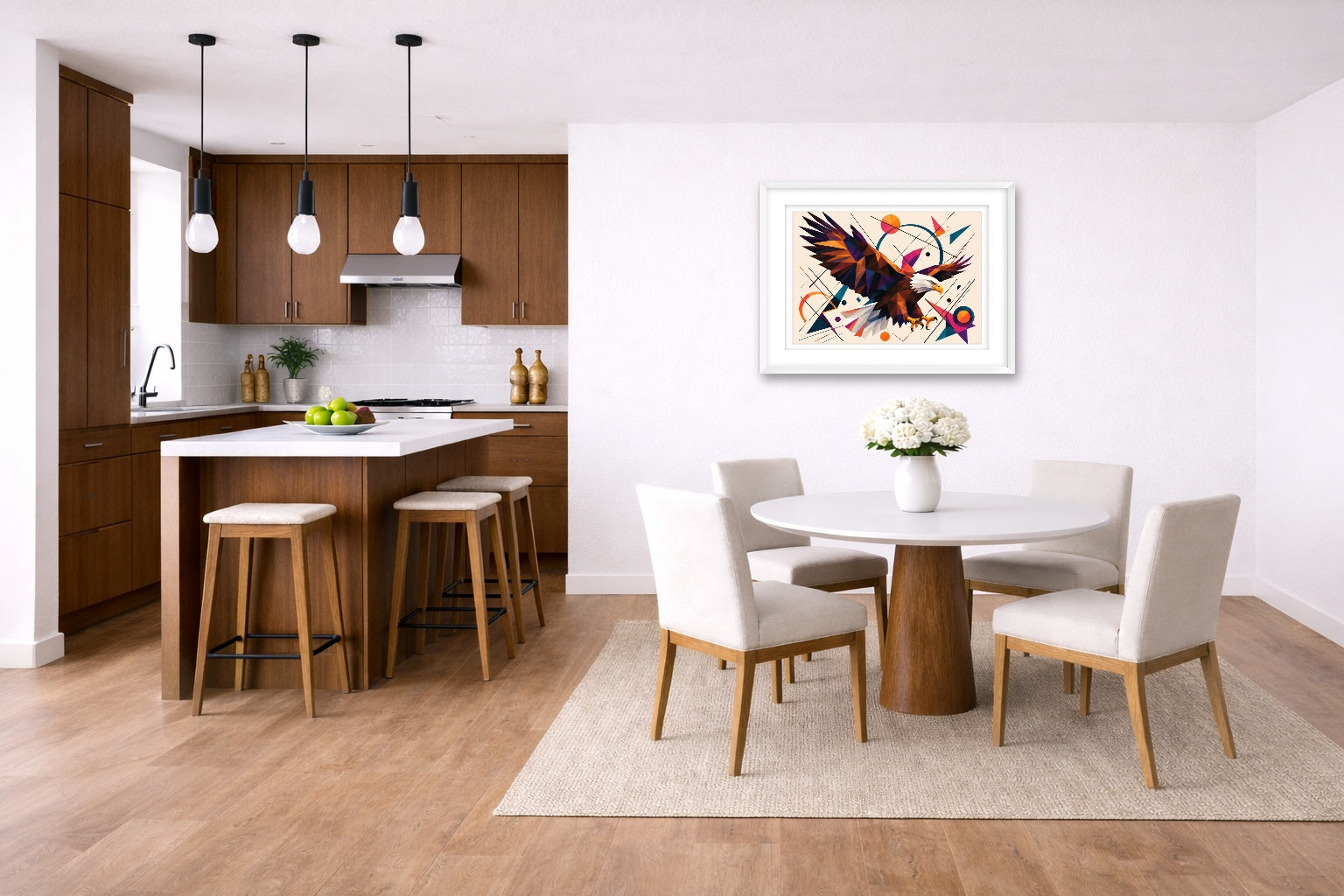 Eagle Painting with Geometric Background printed on fine art paper, framed on a white frame and matted. Hung on a kitchen-dinette wall.