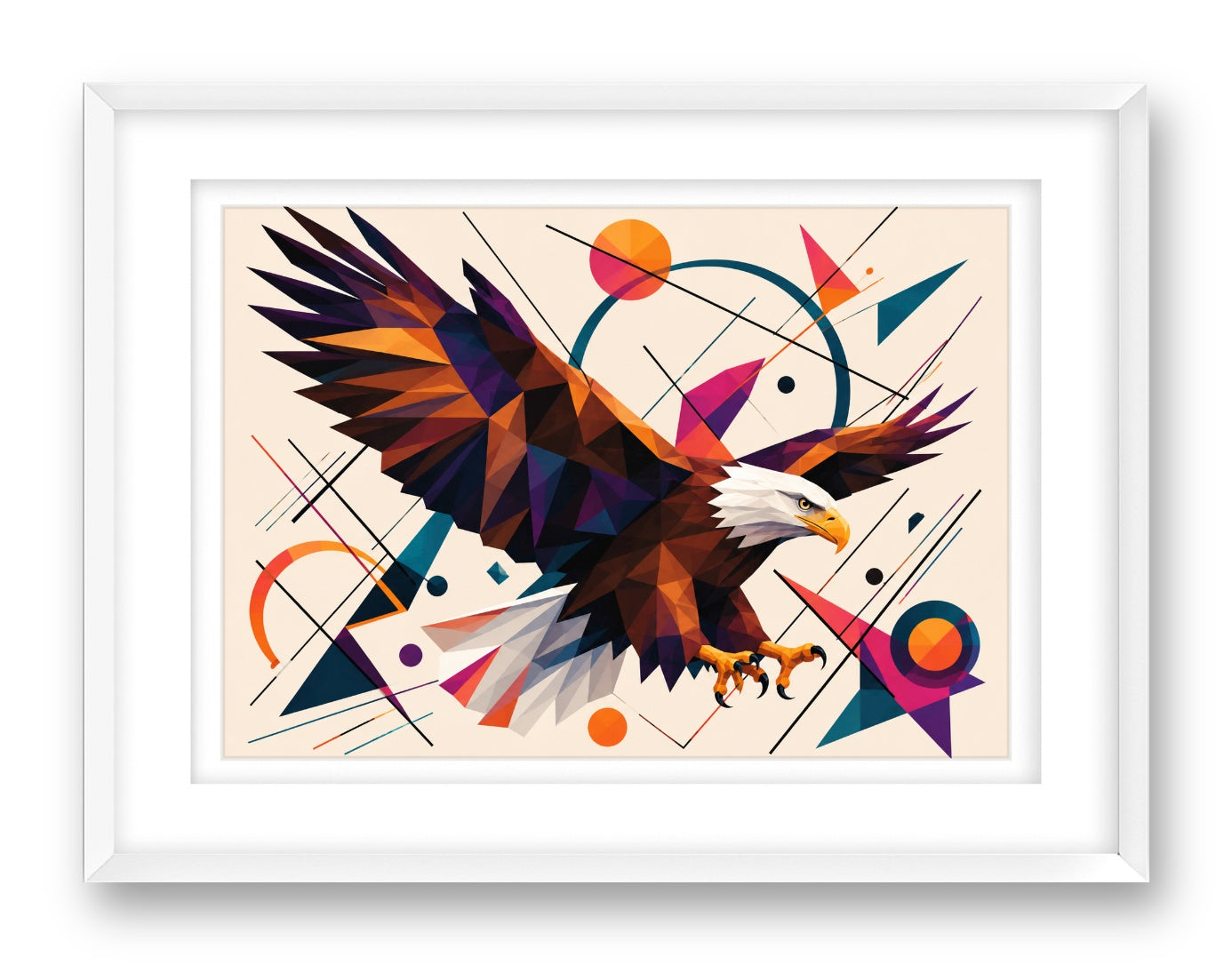 Eagle Painting with Geometric Background printed on fine art paper, framed on a white frame and matted.