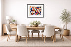 Geometric Fox Painting printed on fine art paper, framed on a black frame and matted and hung on a dining room wall.
