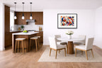 Geometric Fox Painting printed on fine art paper, framed on a black frame and matted and hung on a wall on a dinette wall.