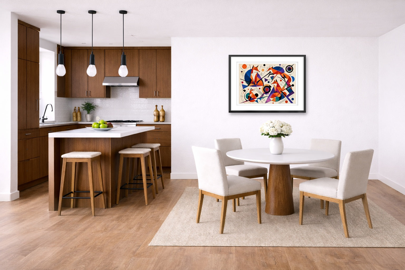 Geometric Fox Painting printed on fine art paper, framed on a black frame and matted and hung on a wall on a dinette wall.