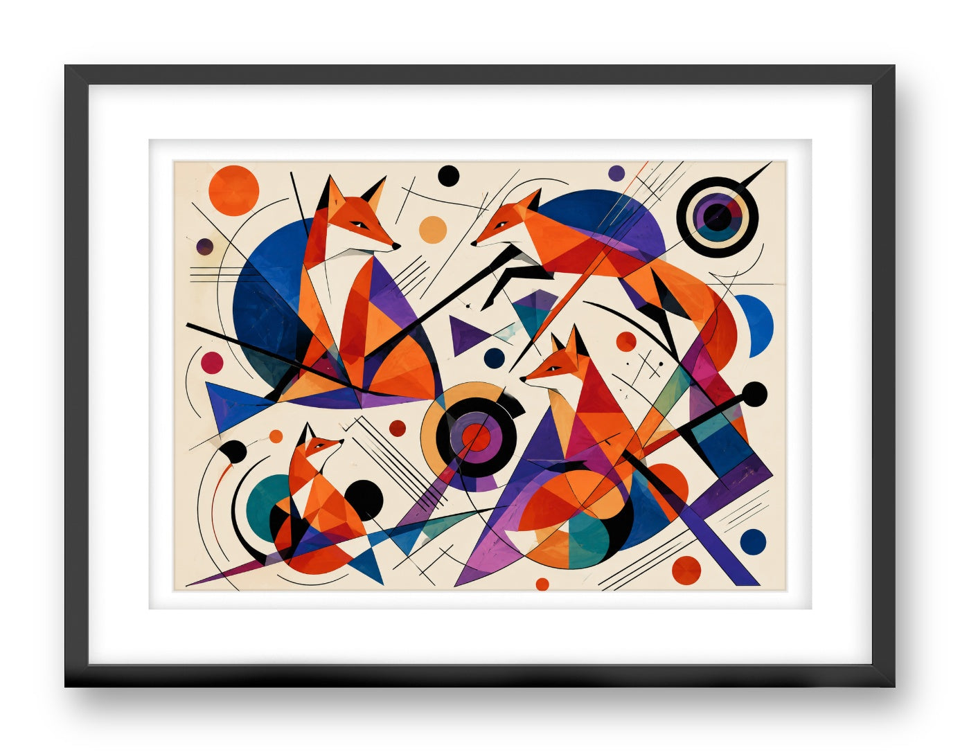 Geometric Fox Painting printed on fine art paper, framed on a black frame and matted.