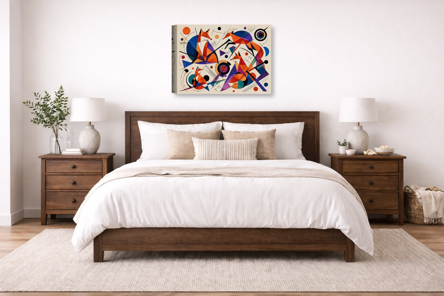 Geometric Fox Painting printed on canvas wall art displayed on a wall above a bed.