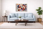 Geometric Fox Painting printed on canvas wall art displayed above a couch in a living room