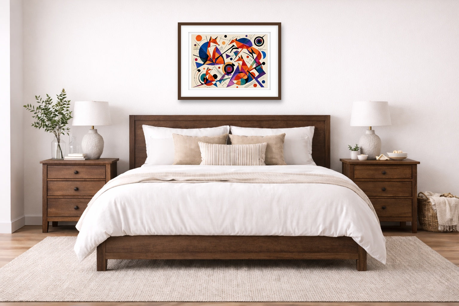 Geometric Fox Painting printed on fine art paper, framed on a espresso frame and matted. Hung on a living bedroom wall.