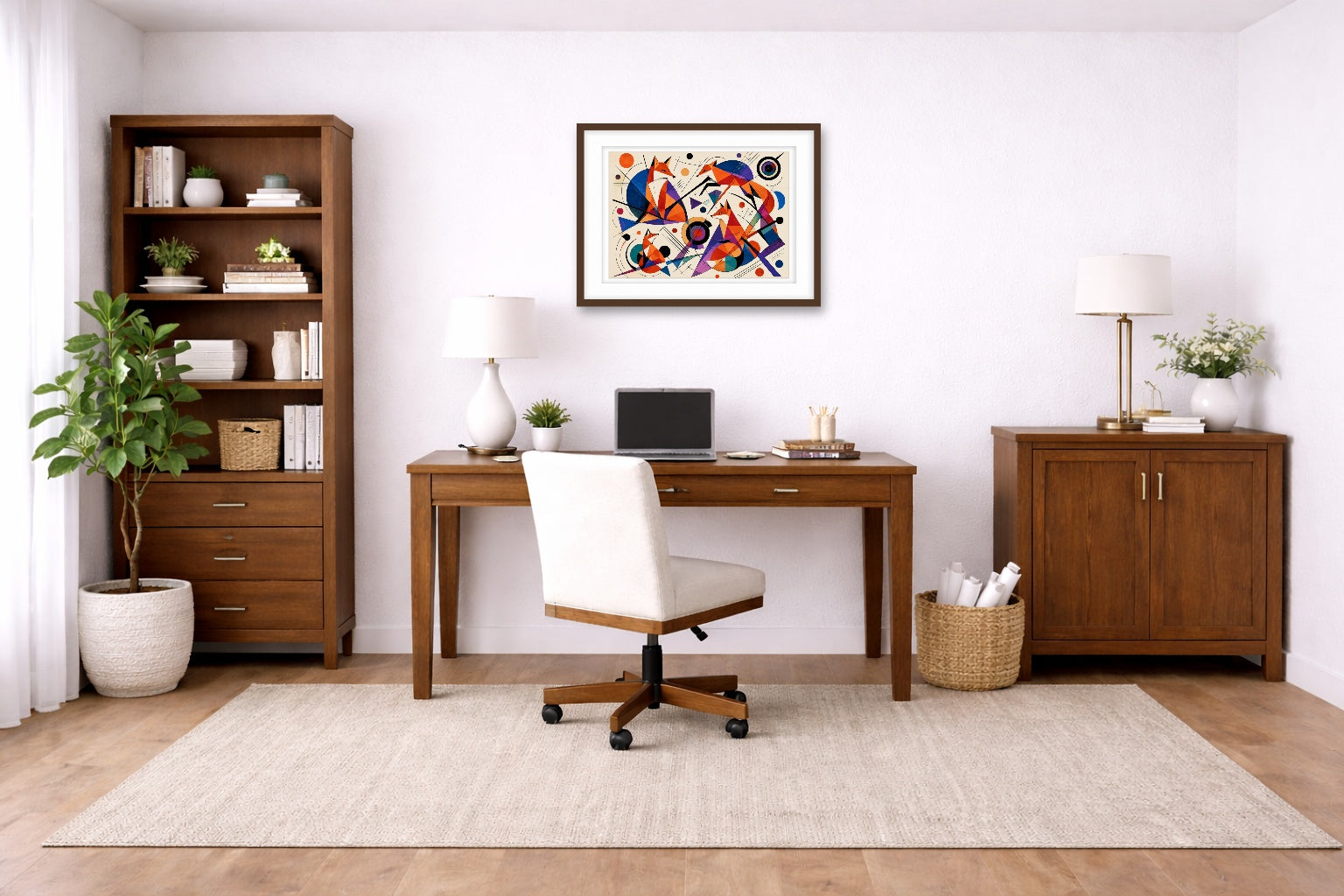 Geometric Fox Painting printed on fine art paper, framed on a espresso frame and matted. Hung on a living home office wall.
