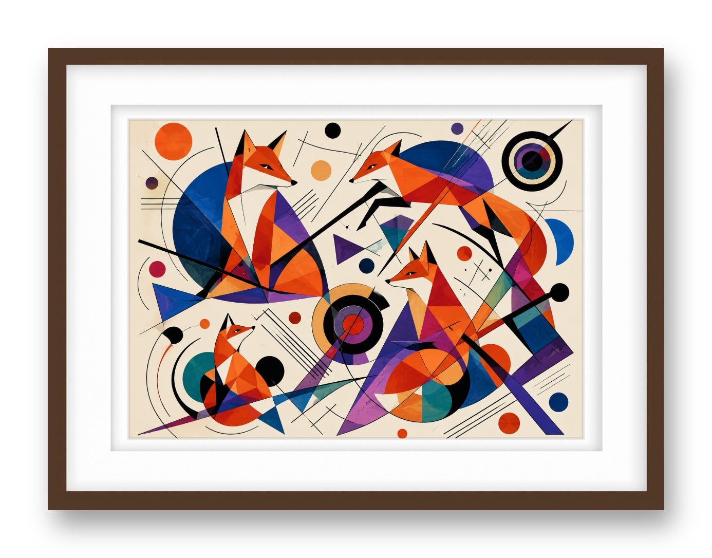 Geometric Fox Painting printed on fine art paper, framed on a espresso frame and matted.