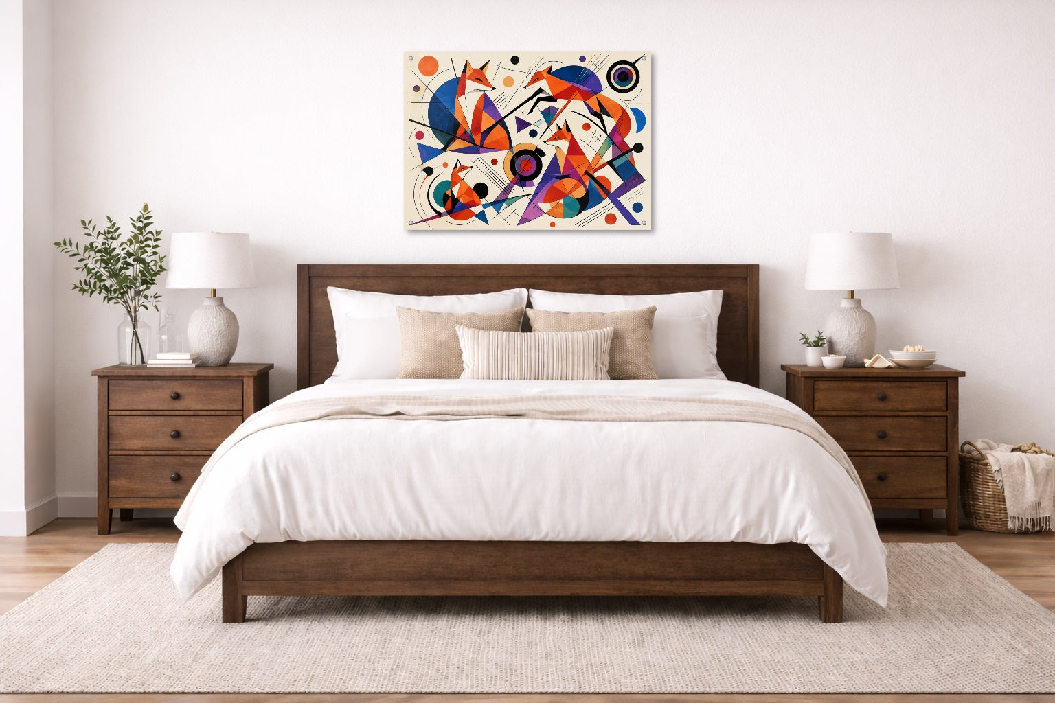 Geometric Fox Painting printed on aluminum metal with wall anchors. Hung on a bedroom wall.