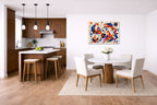 Geometric Fox Painting printed on aluminum metal with wall anchors. Hung on a kitchen-dinette wall.