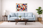 Geometric Fox Painting printed on aluminum metal with wall anchors. Hung on a living room wall.
