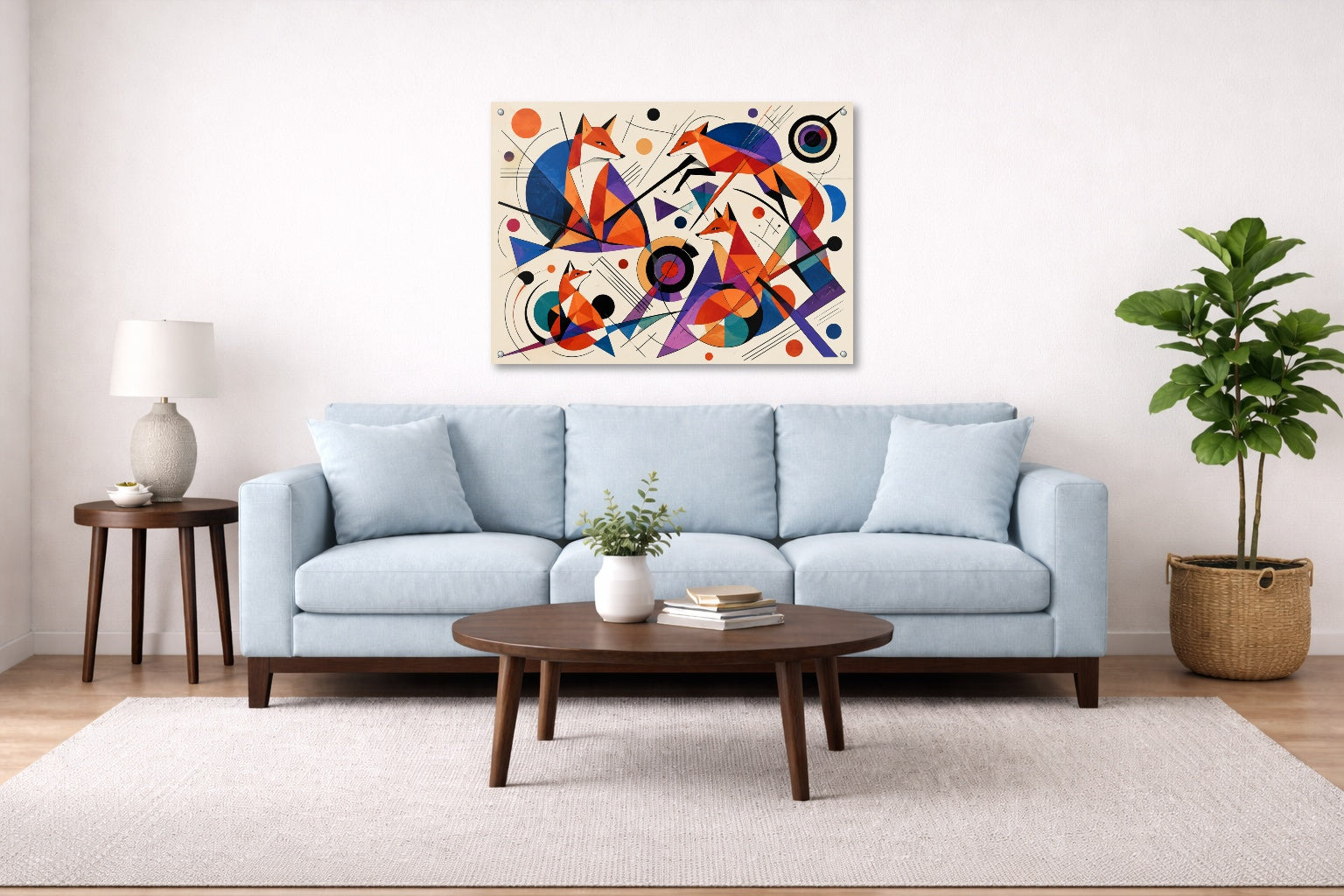 Geometric Fox Painting printed on aluminum metal with wall anchors. Hung on a living room wall.