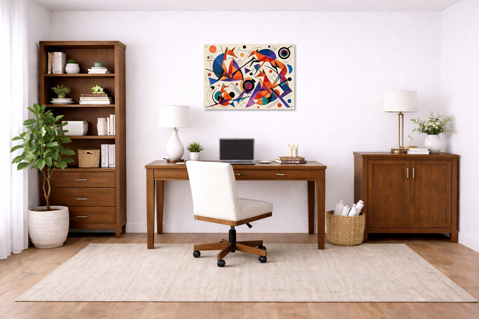Geometric Fox Painting printed on aluminum metal with wall anchors. Hung on a office wall.