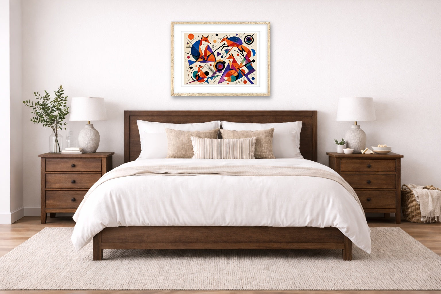Geometric Fox Painting printed on fine art paper, framed in a oak frame and matted. Hung on a bedroom wall.