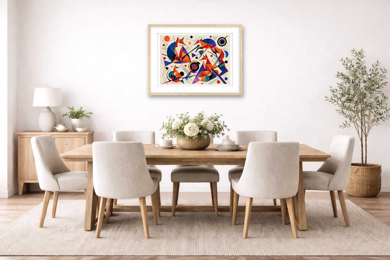 Geometric Fox Painting printed on fine art paper, framed on a oak frame and matted. Hung on a dining room wall.