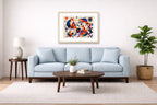 Geometric Fox Painting printed on fine art paper, framed on a oak frame and matted. Hung on a living room wall.