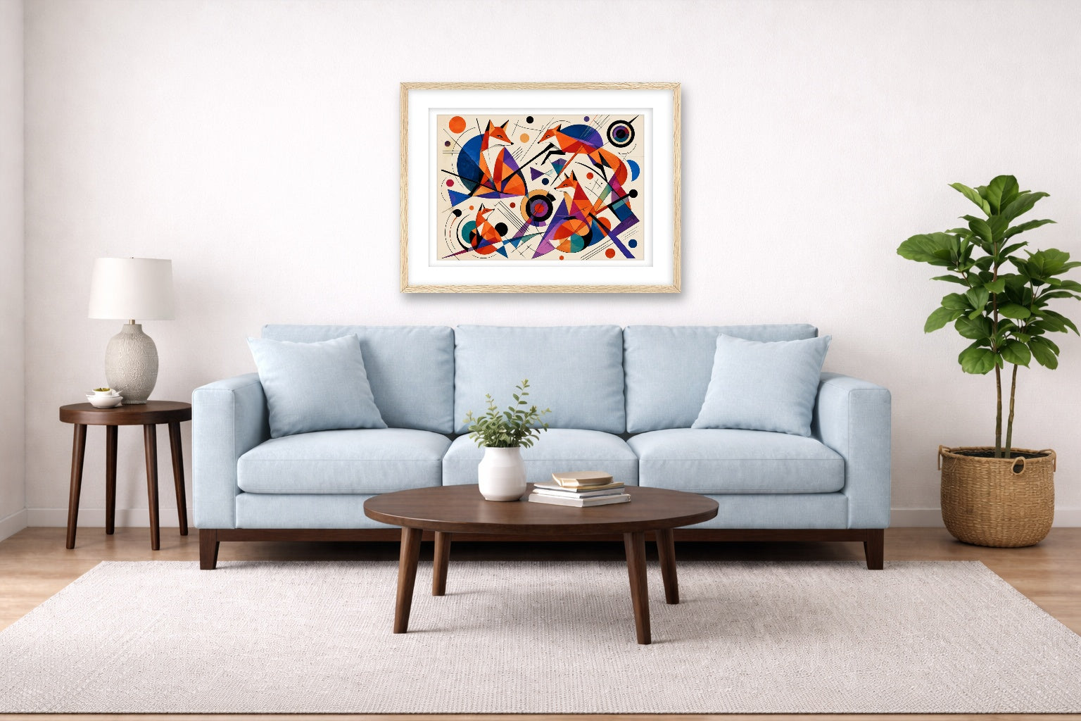 Geometric Fox Painting printed on fine art paper, framed on a oak frame and matted. Hung on a living room wall.