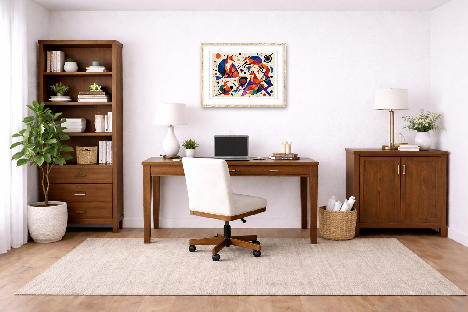 Geometric Fox Painting printed on fine art paper, framed on a oak frame and matted. Hung on a home office wall.