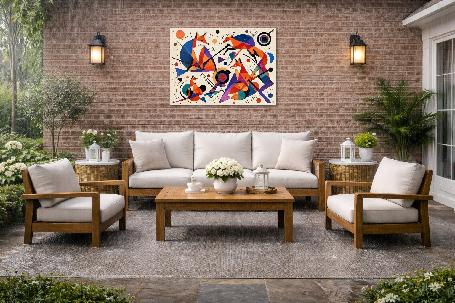 Geometric Fox Painting printed on water resistant canvas and mounted on a waterproof frame. Hung on a patio wall.