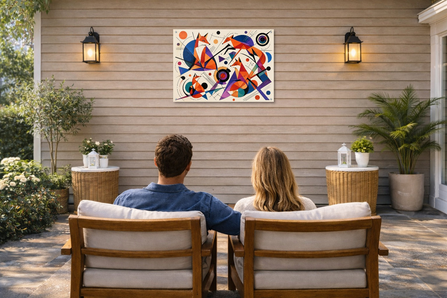 Geometric Fox Painting printed on water resistant canvas and mounted on a waterproof frame. Hung on a patio wall with couple.