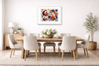 Geometric Fox Painting printed on fine art paper, framed on a white frame and matted. Hung on a dining room wall.