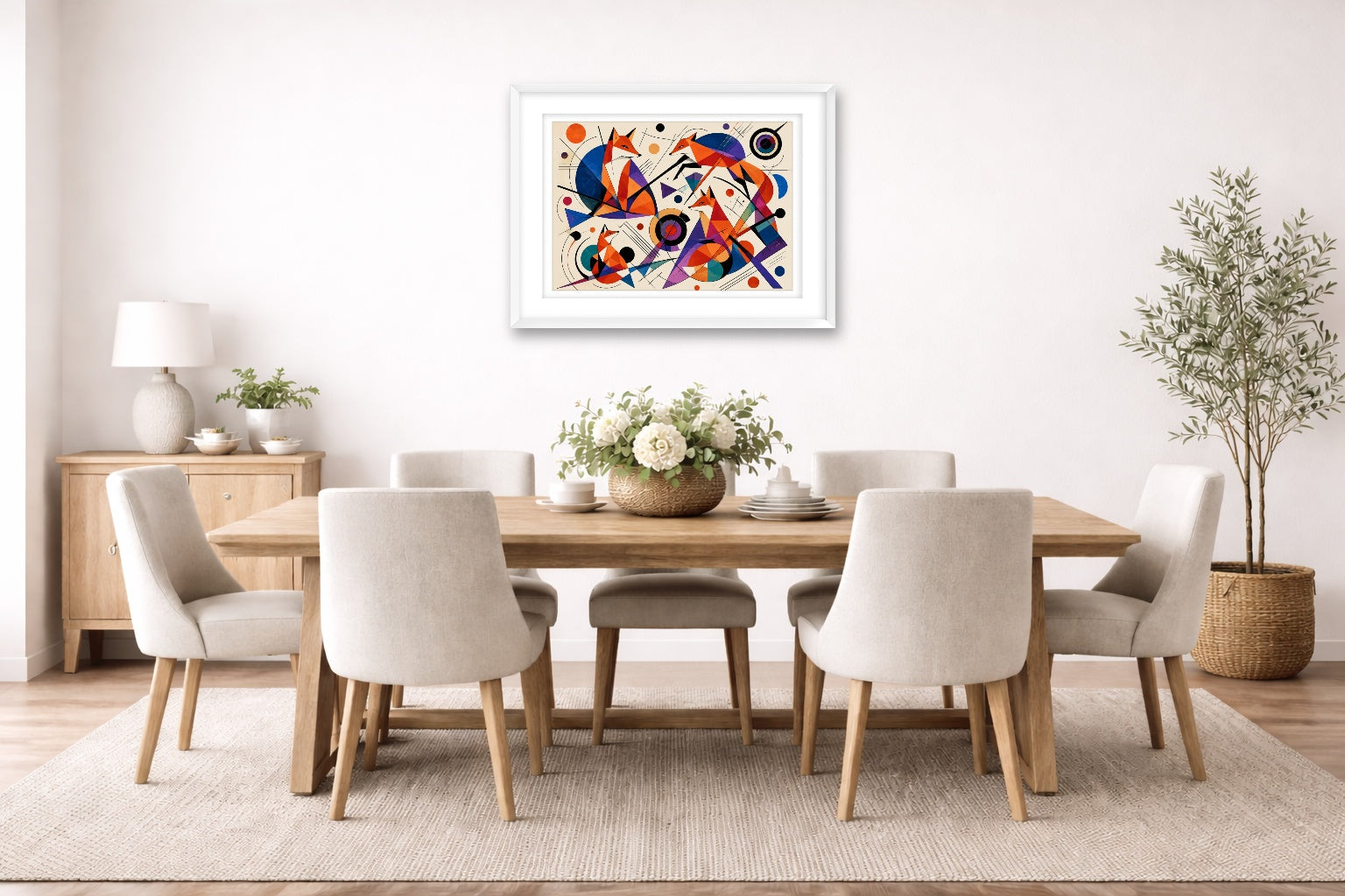 Geometric Fox Painting printed on fine art paper, framed on a white frame and matted. Hung on a dining room wall.