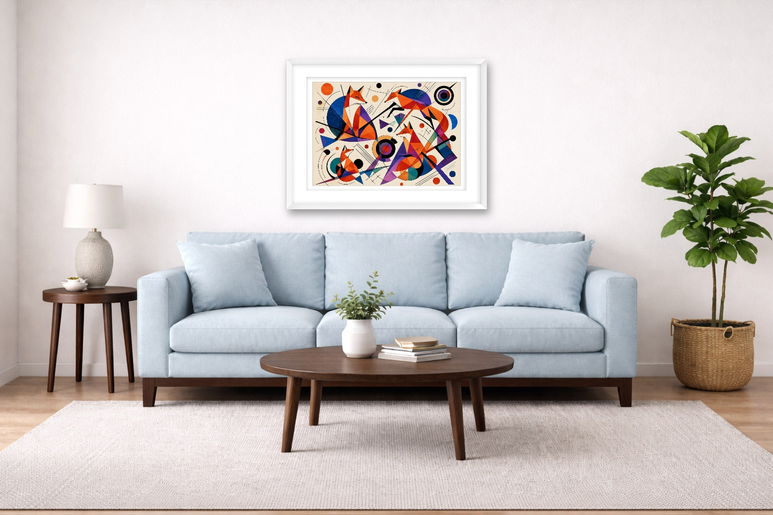 Geometric Fox Painting printed on fine art paper, framed on a white frame and matted. Hung on a living room wall.