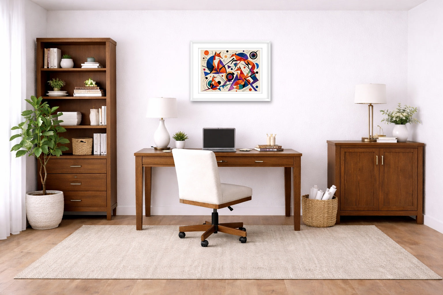 Geometric Fox Painting printed on fine art paper, framed on a white frame and matted. Hung on a home office wall.